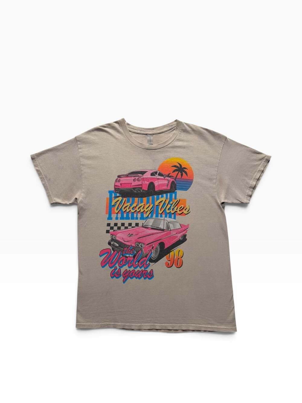 Gildan Heavy Cotton Vacay Vibes The World Is Yours 98 Pink Cars Graphic T-Shirt